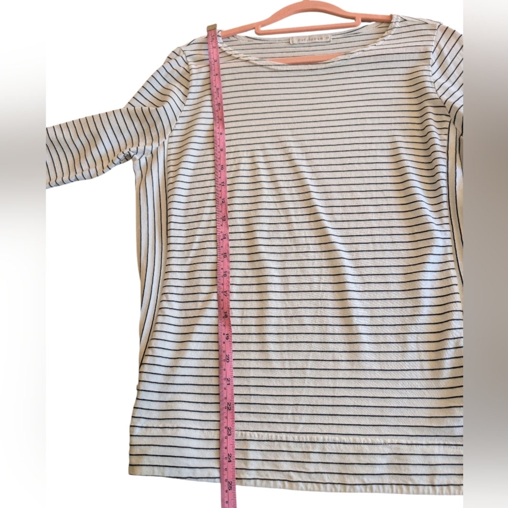 Cut Loose Vertical And Horizontal Black And White Stripe Boatneck 3/4 Sleeve Tee - Picture 2 of 9